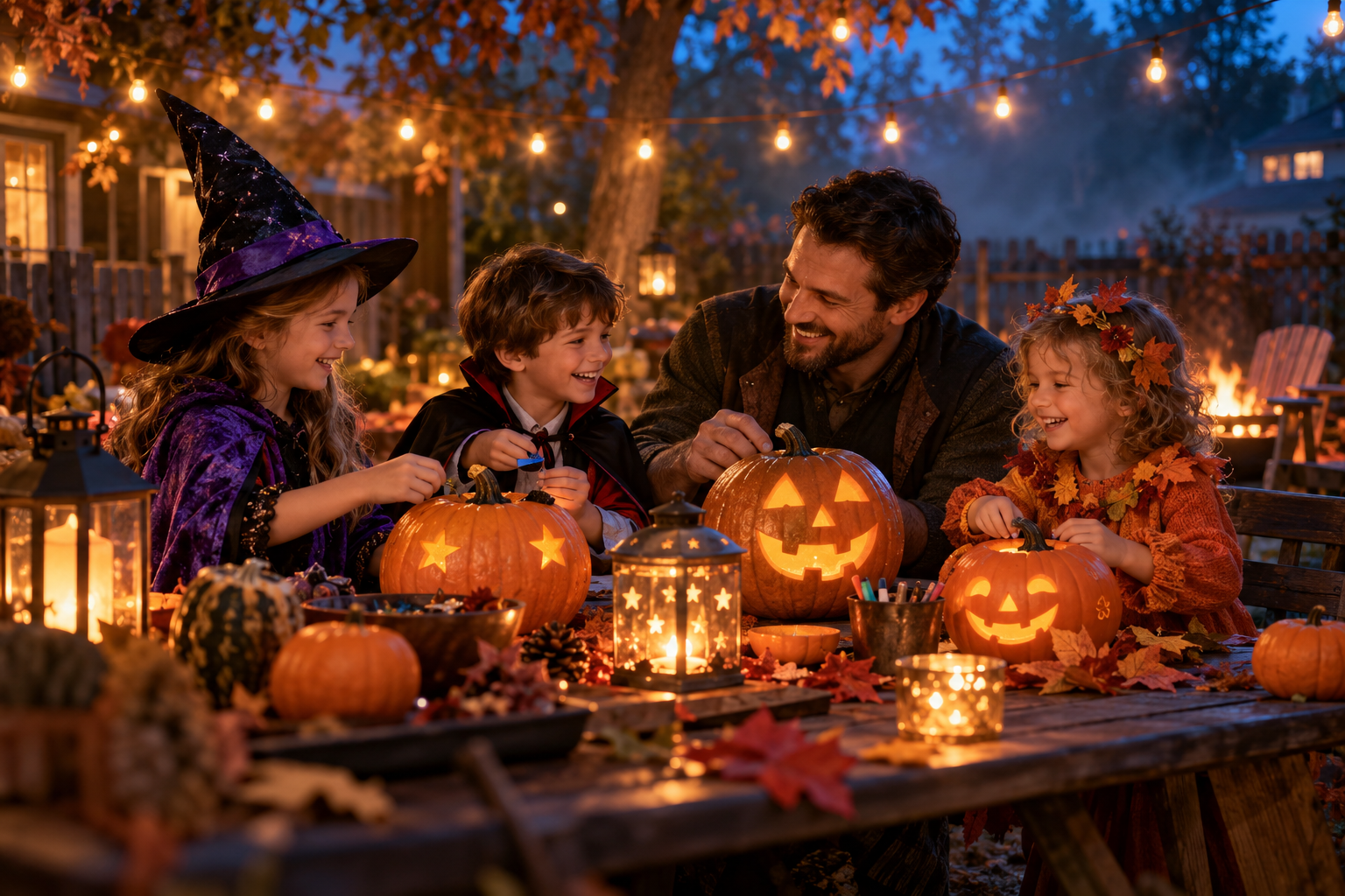 Children and a parent happily decorating pumpkins together