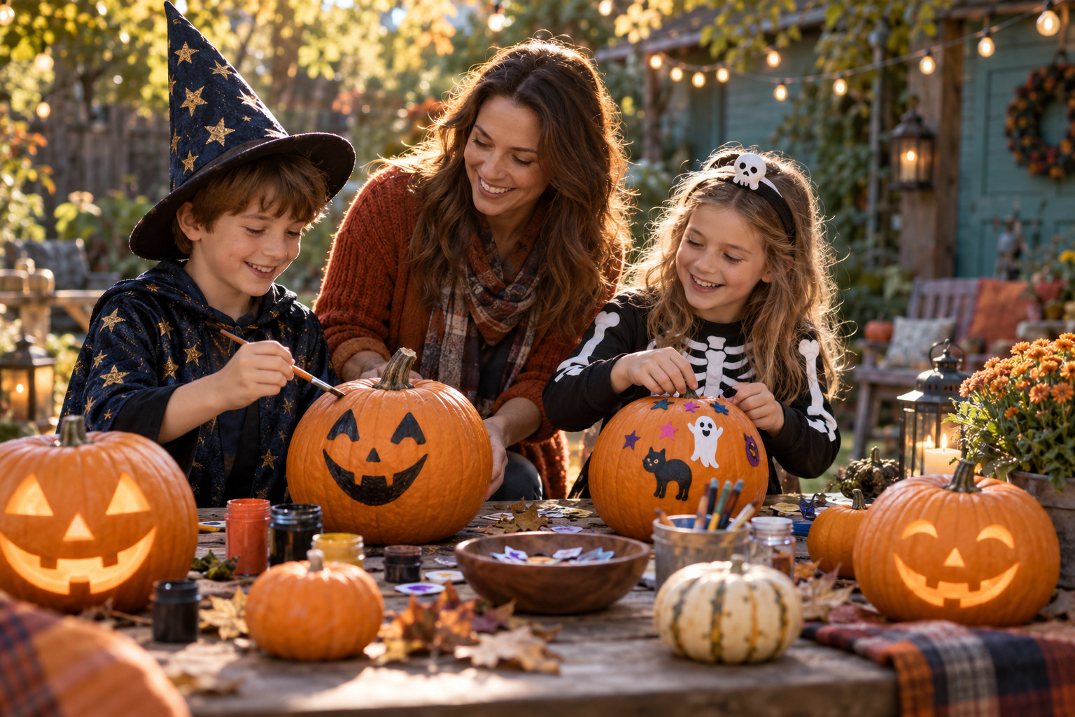 Children and a parent decorating pumpkins together