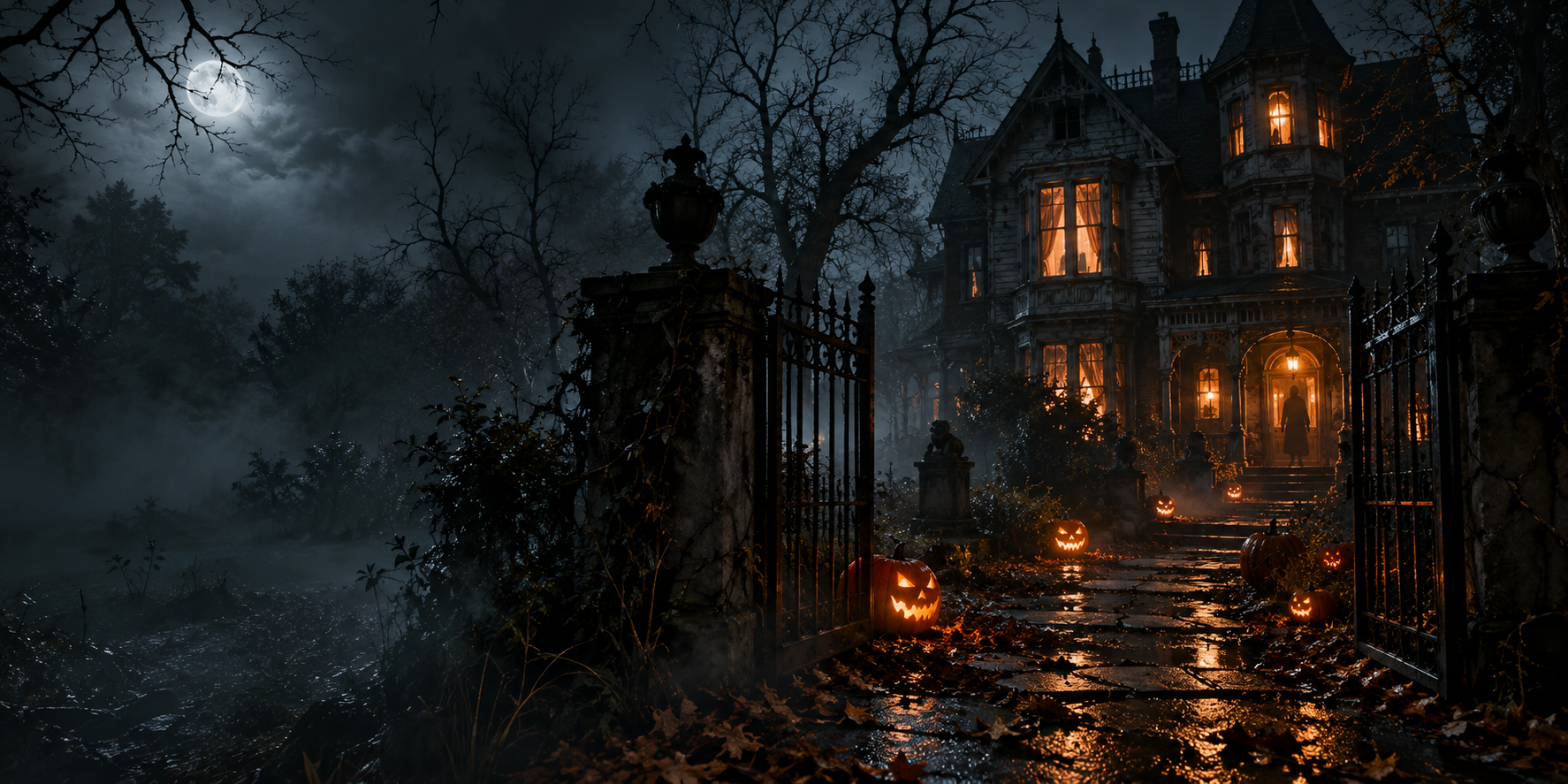 Cinematic Halloween artwork of a sinister house, glowing pumpkins and a fog-covered path