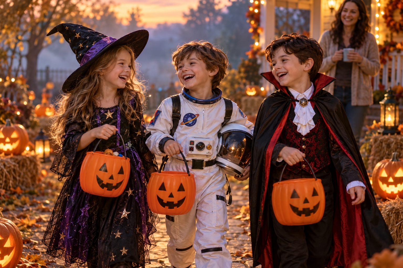 Three smiling children in Halloween costumes with pumpkin treat buckets