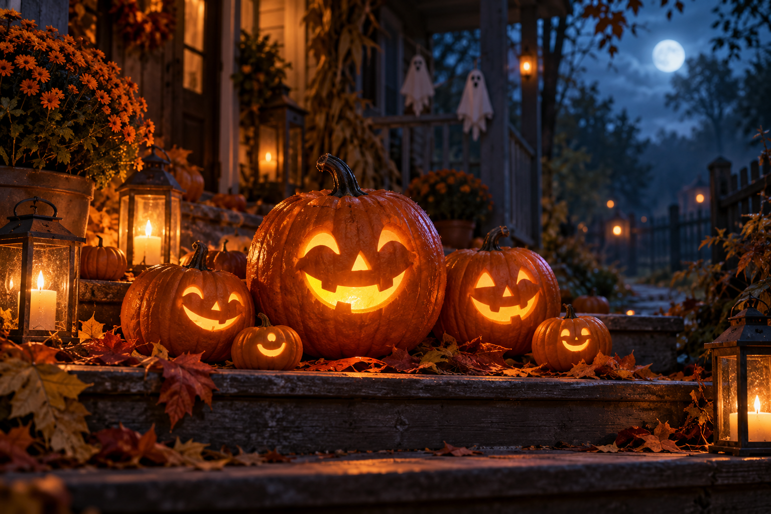 Friendly glowing pumpkins and gentle Halloween decorations