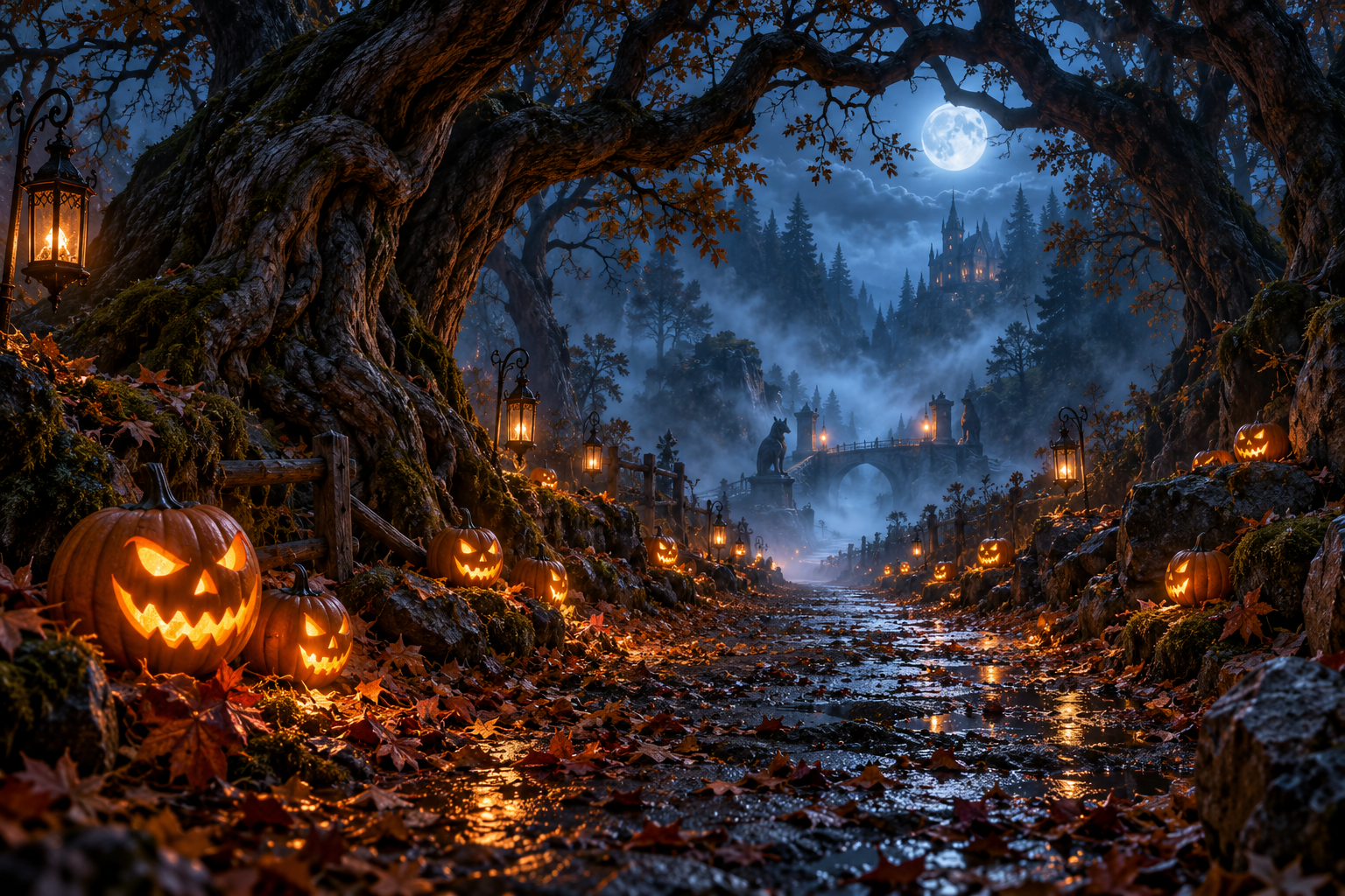 An eerie blue-mist forest path beneath twisted branches