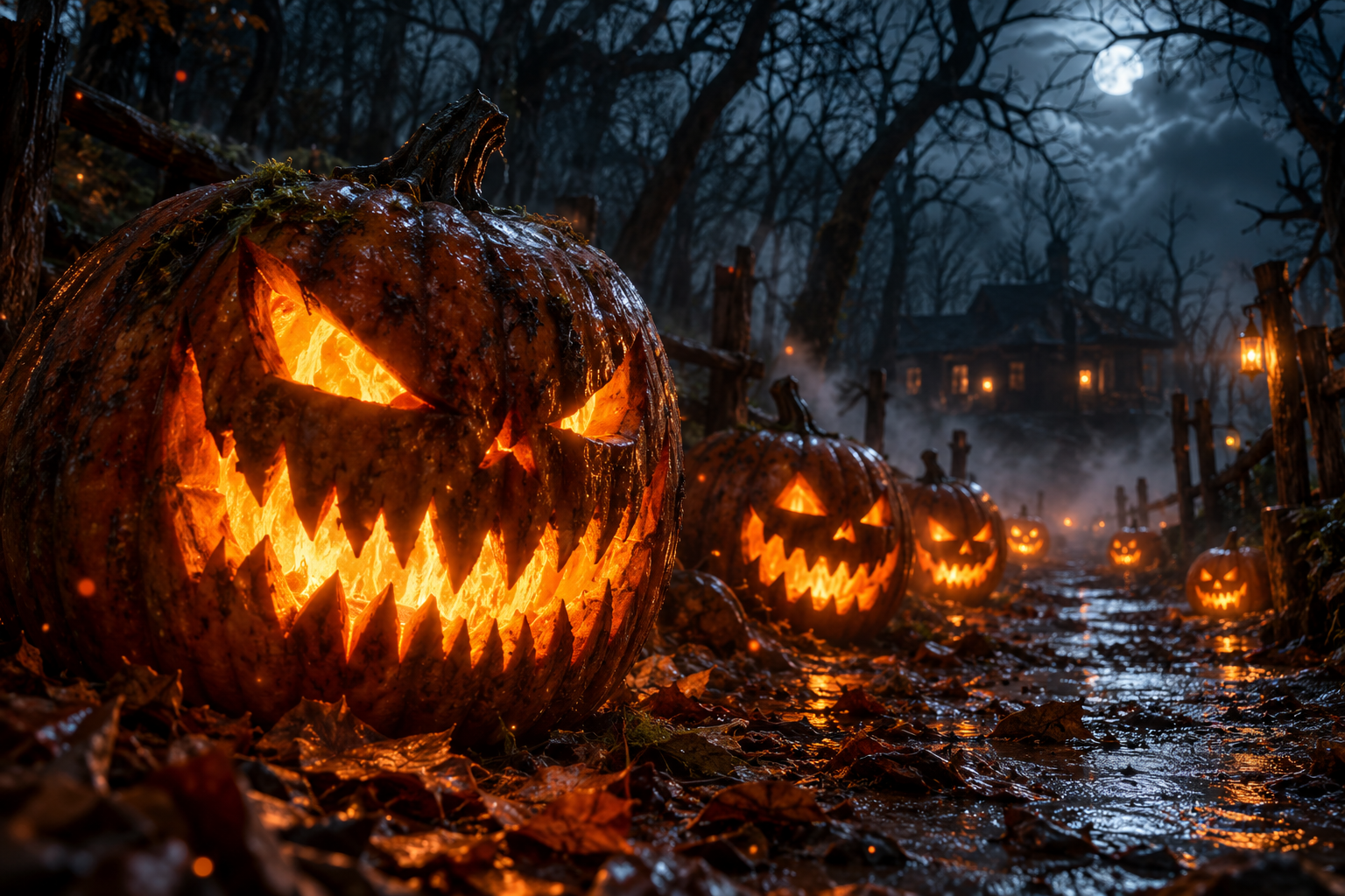 Bright jack-o-lanterns glowing along a dark autumn path