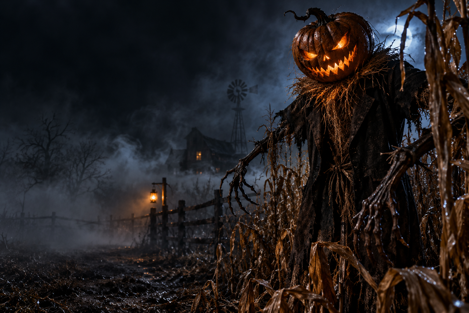 Cinematic scarecrow with glowing eyes in an autumn field
